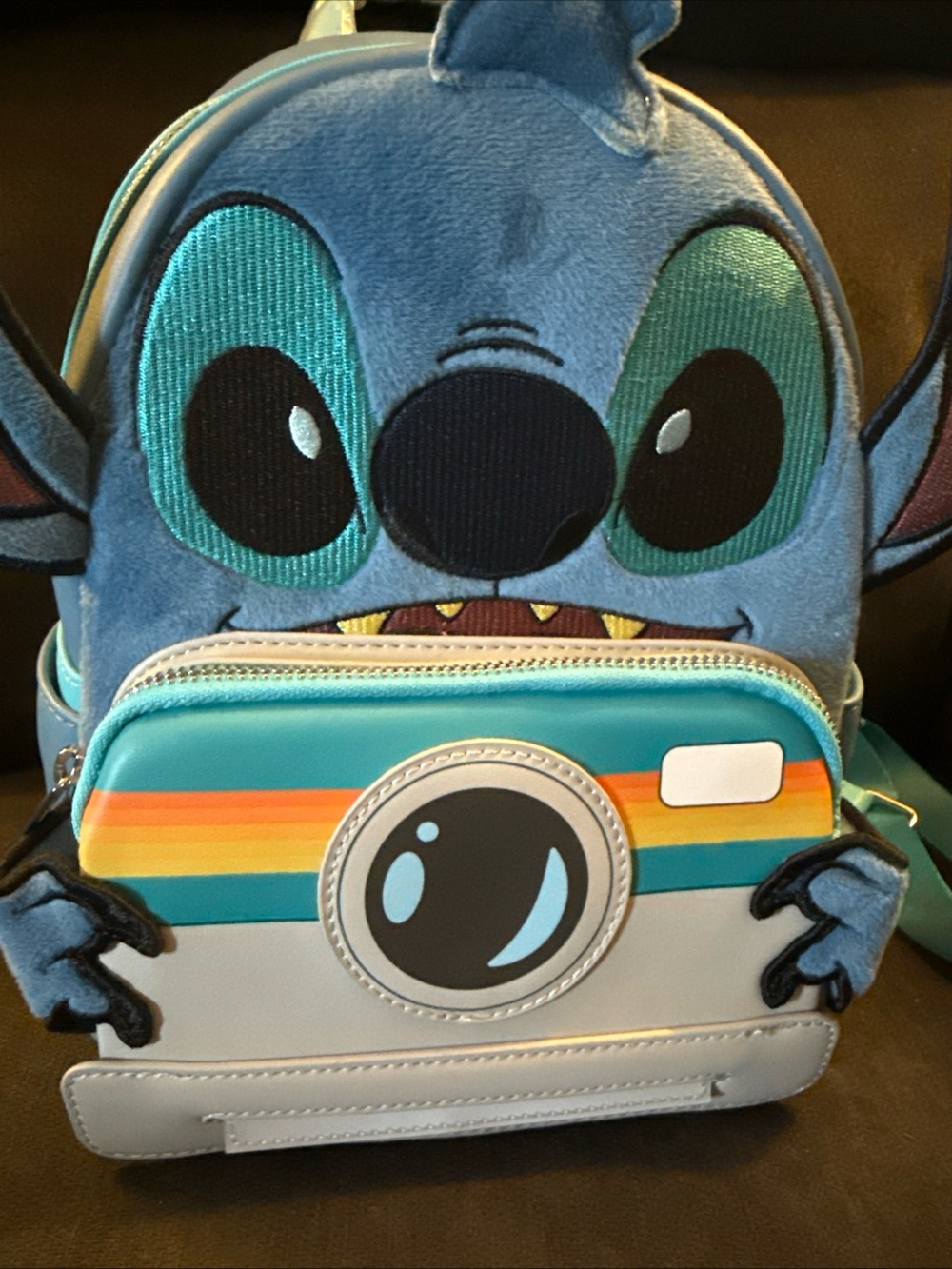 Disney Stitch Plush Blue Camera Backpack with Rainbow Accent